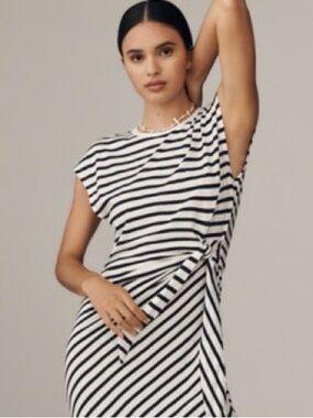 Anthropologie Daily Practice Striped Sleeveless Navy & White Tie Maxi Dress